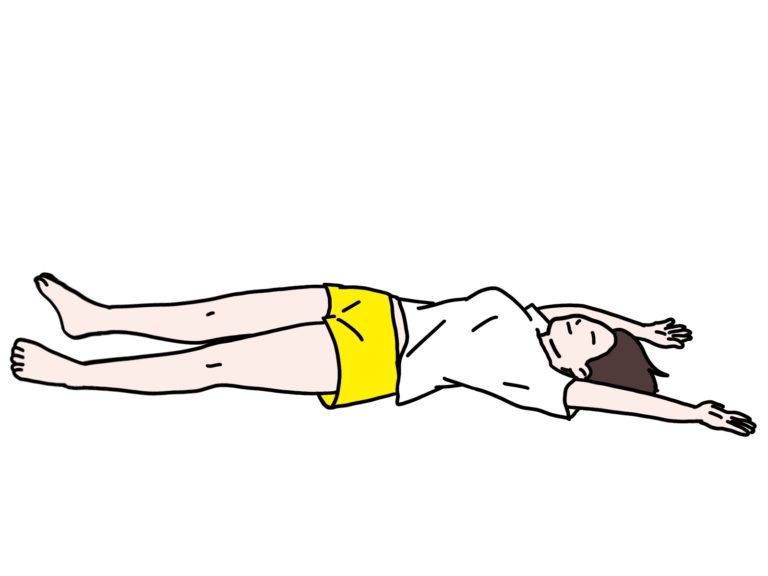 布団の上で両手両足を伸ばして「伸び」をするストレッチのやり方イラスト。